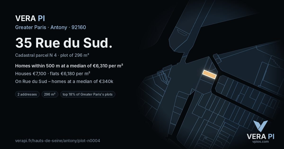 35 Rue du Sud, Antony at night – the plot lit, the parcels around coloured by the prices near them