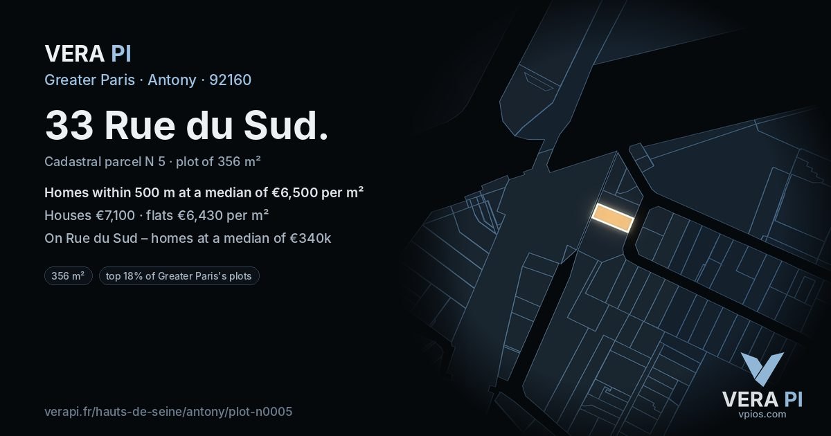 33 Rue du Sud, Antony at night – the plot lit, the parcels around coloured by the prices near them