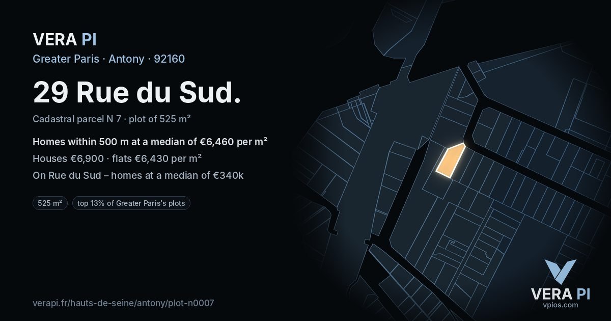 29 Rue du Sud, Antony at night – the plot lit, the parcels around coloured by the prices near them