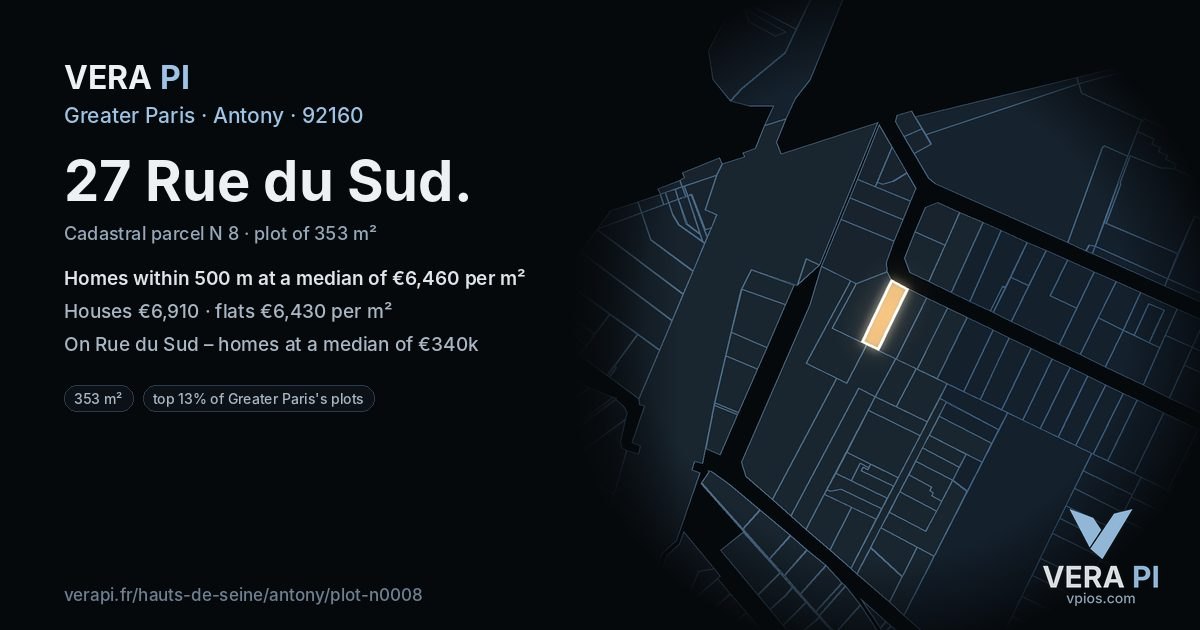 27 Rue du Sud, Antony at night – the plot lit, the parcels around coloured by the prices near them