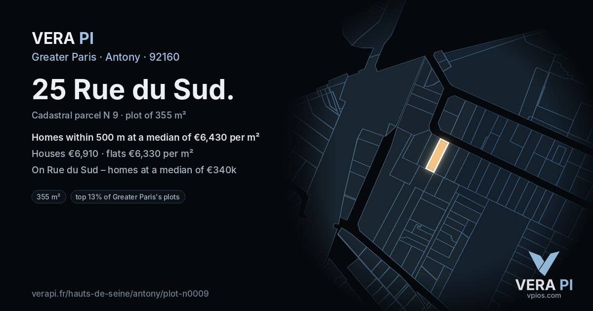 25 Rue du Sud, Antony at night – the plot lit, the parcels around coloured by the prices near them
