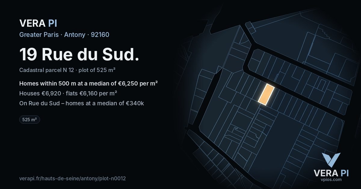 19 Rue du Sud, Antony at night – the plot lit, the parcels around coloured by the prices near them