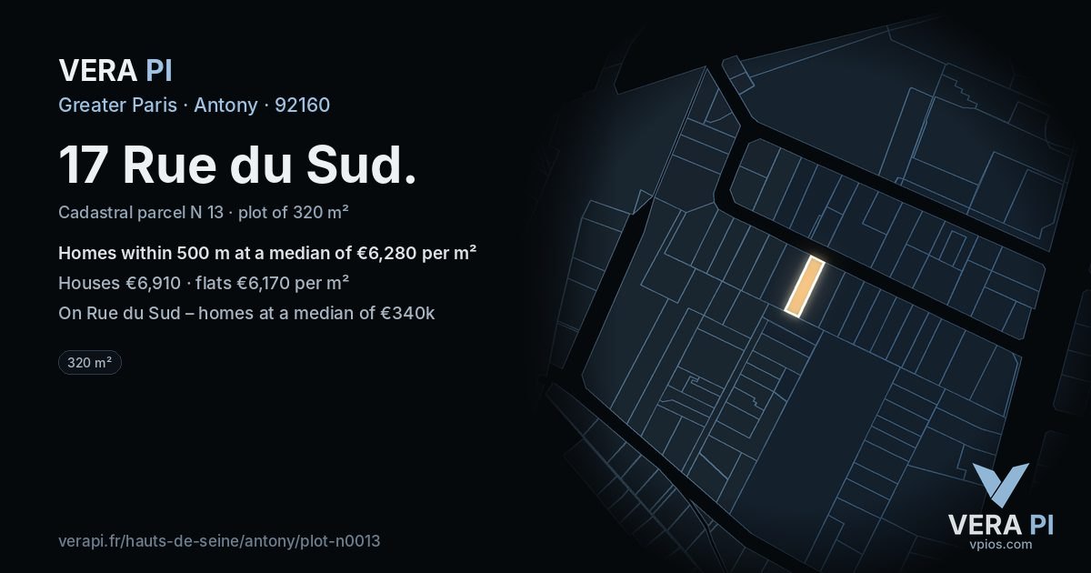 17 Rue du Sud, Antony at night – the plot lit, the parcels around coloured by the prices near them
