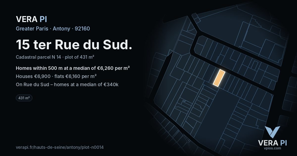 15 ter Rue du Sud, Antony at night – the plot lit, the parcels around coloured by the prices near them