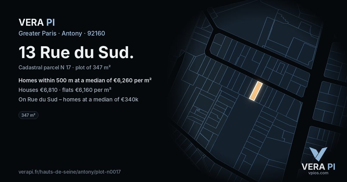 13 Rue du Sud, Antony at night – the plot lit, the parcels around coloured by the prices near them