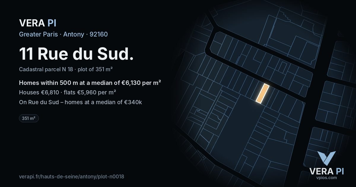 11 Rue du Sud, Antony at night – the plot lit, the parcels around coloured by the prices near them