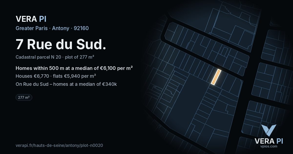 7 Rue du Sud, Antony at night – the plot lit, the parcels around coloured by the prices near them