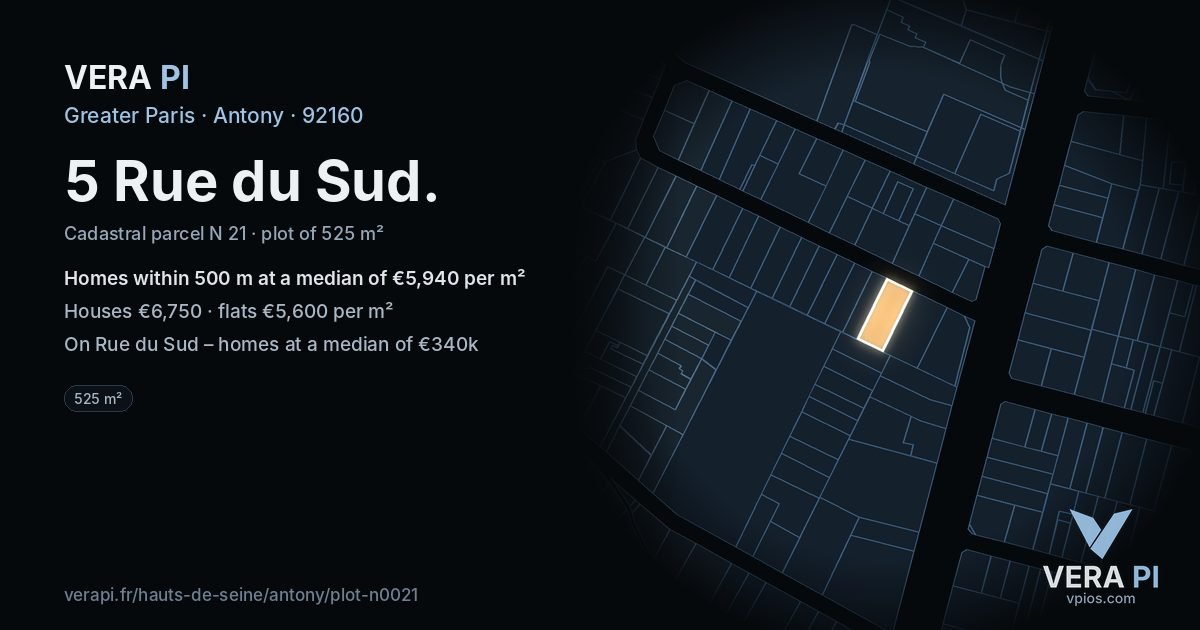 5 Rue du Sud, Antony at night – the plot lit, the parcels around coloured by the prices near them