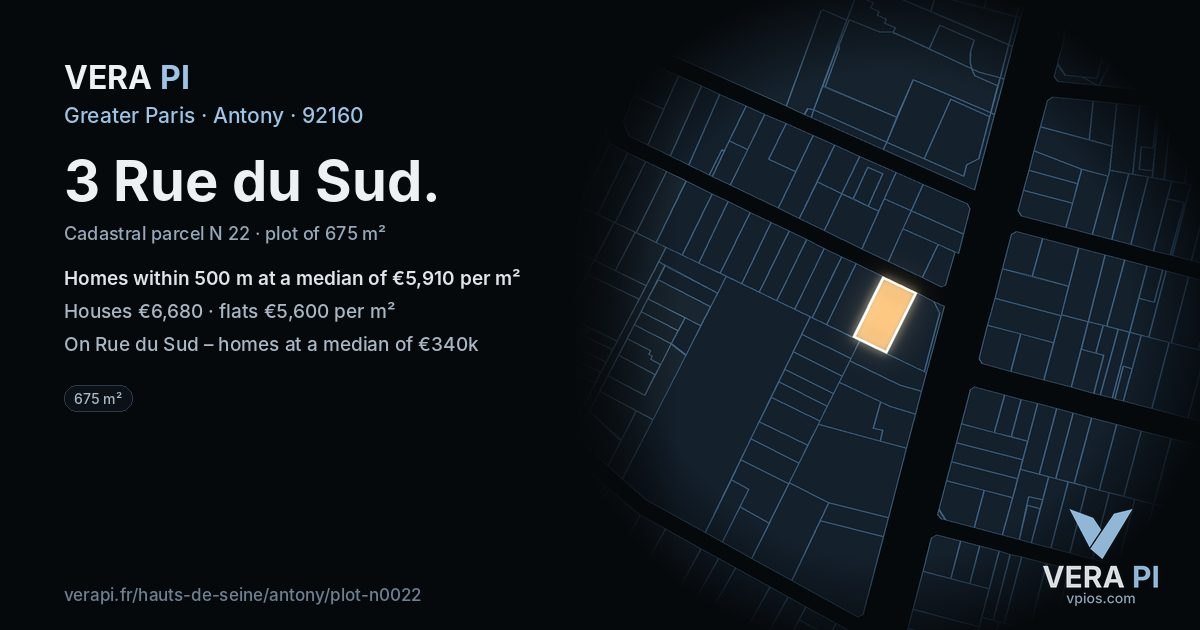3 Rue du Sud, Antony at night – the plot lit, the parcels around coloured by the prices near them