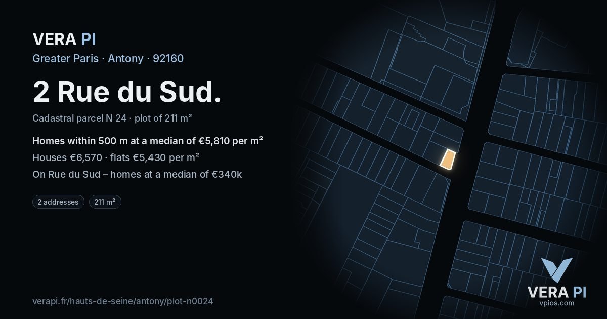 2 Rue du Sud, Antony at night – the plot lit, the parcels around coloured by the prices near them