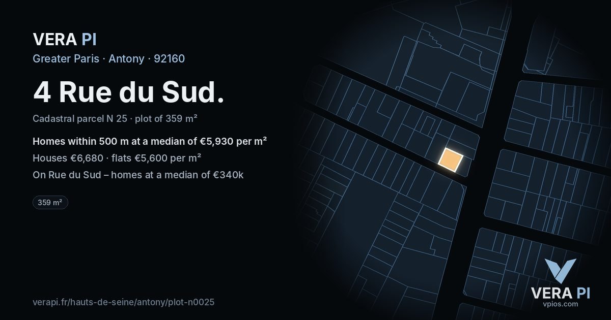 4 Rue du Sud, Antony at night – the plot lit, the parcels around coloured by the prices near them