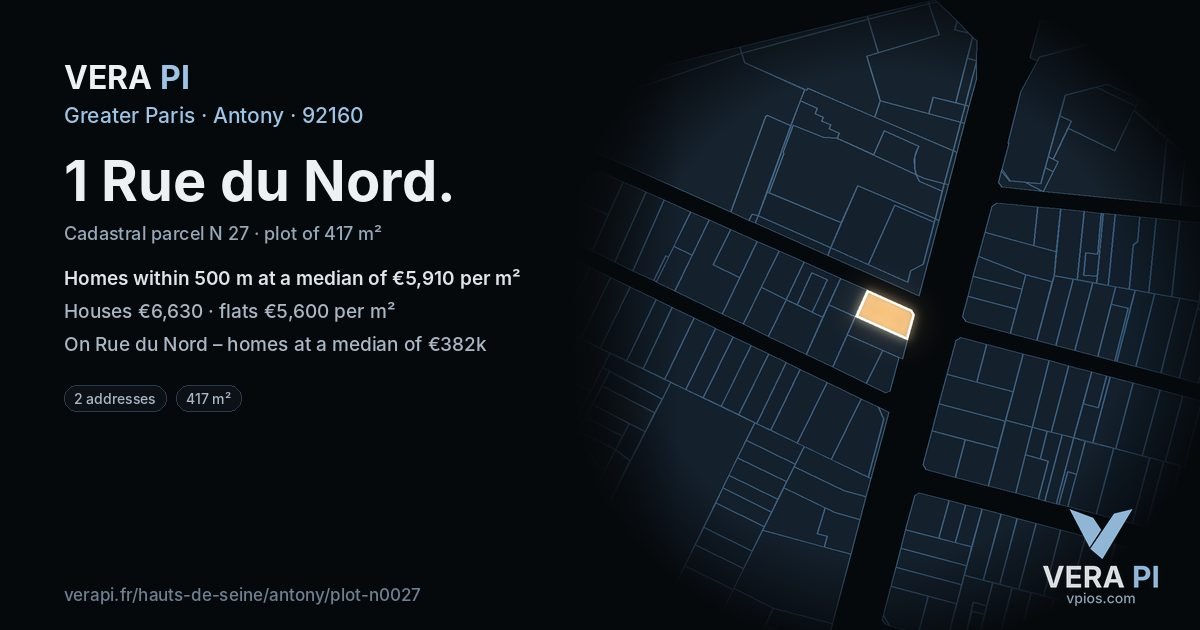 1 Rue du Nord, Antony at night – the plot lit, the parcels around coloured by the prices near them