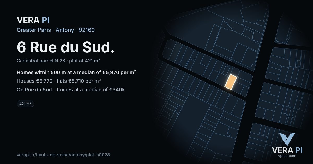 6 Rue du Sud, Antony at night – the plot lit, the parcels around coloured by the prices near them