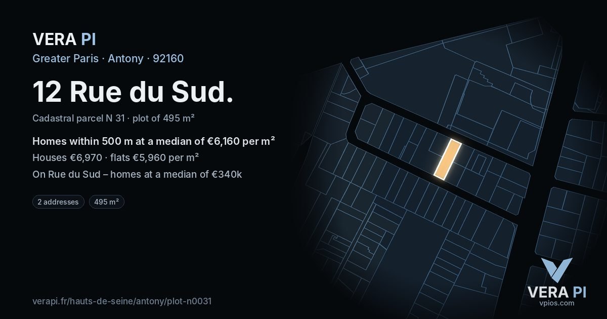 12 Rue du Sud, Antony at night – the plot lit, the parcels around coloured by the prices near them