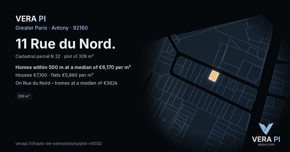 11 Rue du Nord, Antony at night – the plot lit, the parcels around coloured by the prices near them