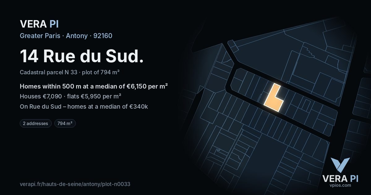 14 Rue du Sud, Antony at night – the plot lit, the parcels around coloured by the prices near them