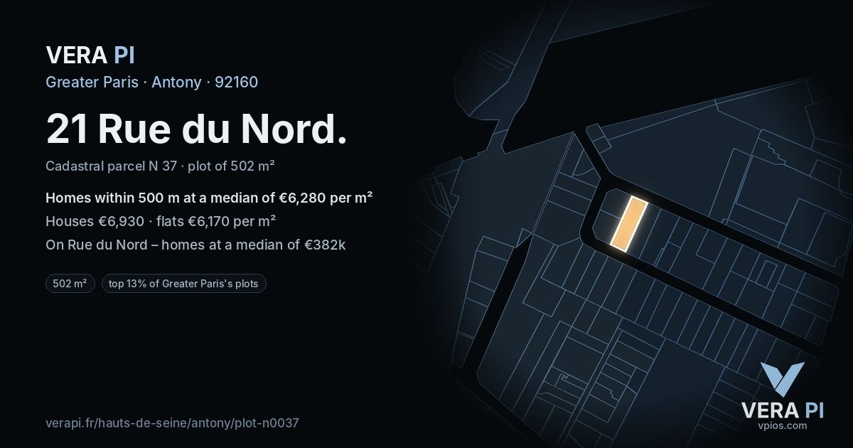 21 Rue du Nord, Antony at night – the plot lit, the parcels around coloured by the prices near them