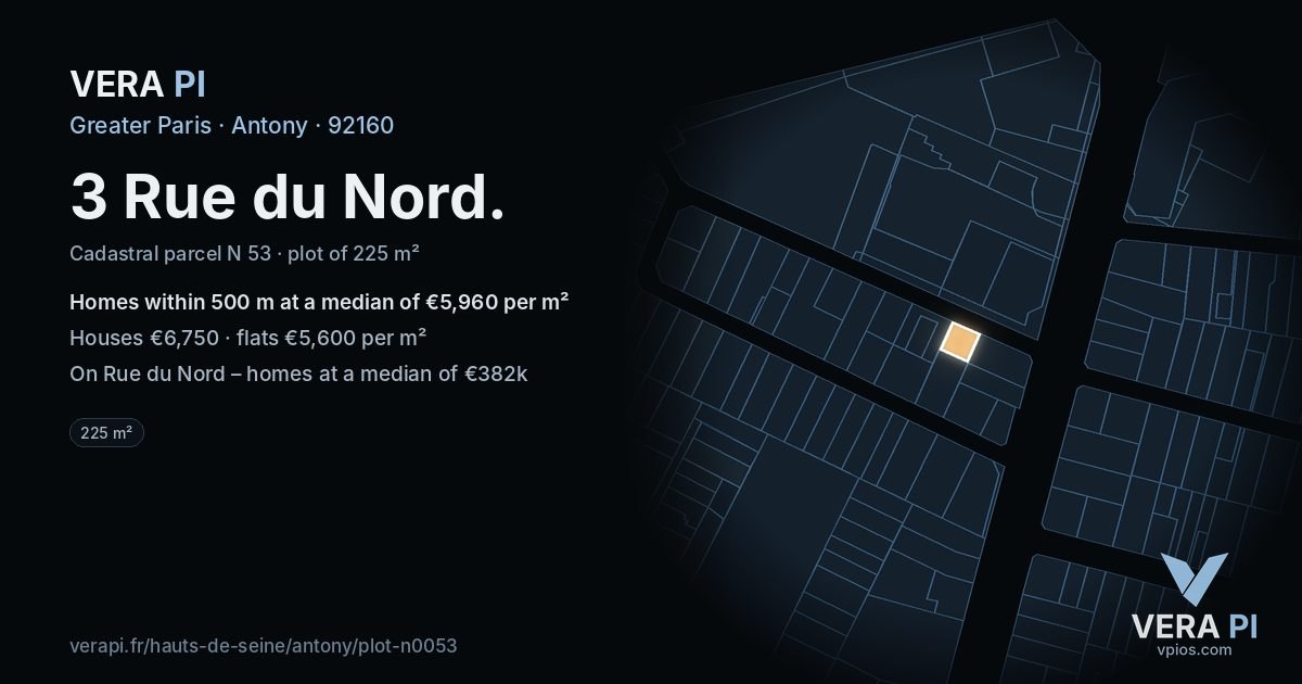 3 Rue du Nord, Antony at night – the plot lit, the parcels around coloured by the prices near them