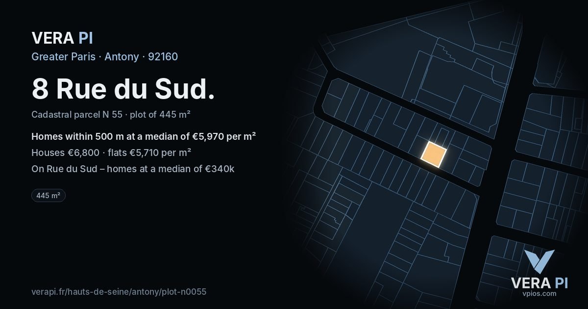 8 Rue du Sud, Antony at night – the plot lit, the parcels around coloured by the prices near them