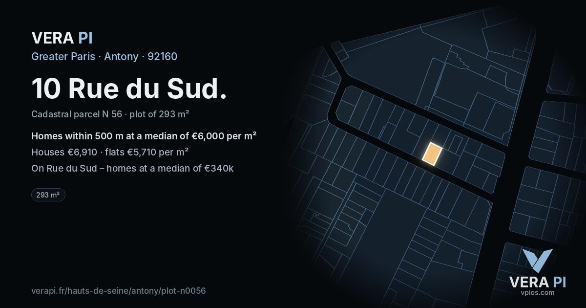 10 Rue du Sud, Antony at night – the plot lit, the parcels around coloured by the prices near them