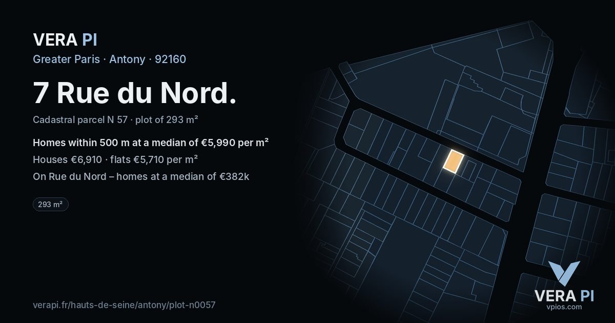 7 Rue du Nord, Antony at night – the plot lit, the parcels around coloured by the prices near them