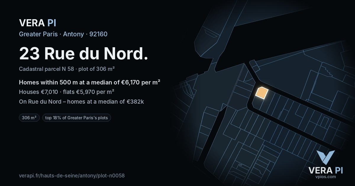 23 Rue du Nord, Antony at night – the plot lit, the parcels around coloured by the prices near them