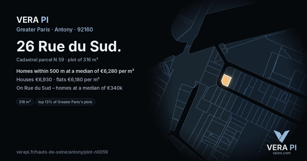 26 Rue du Sud, Antony at night – the plot lit, the parcels around coloured by the prices near them