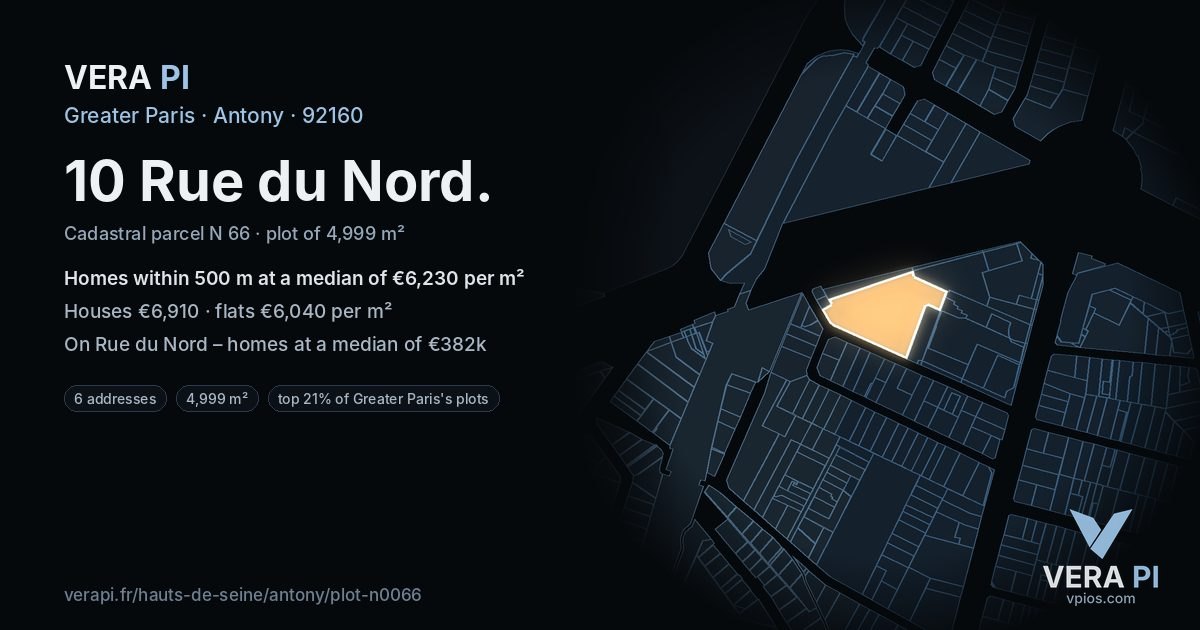10 Rue du Nord, Antony at night – the plot lit, the parcels around coloured by the prices near them