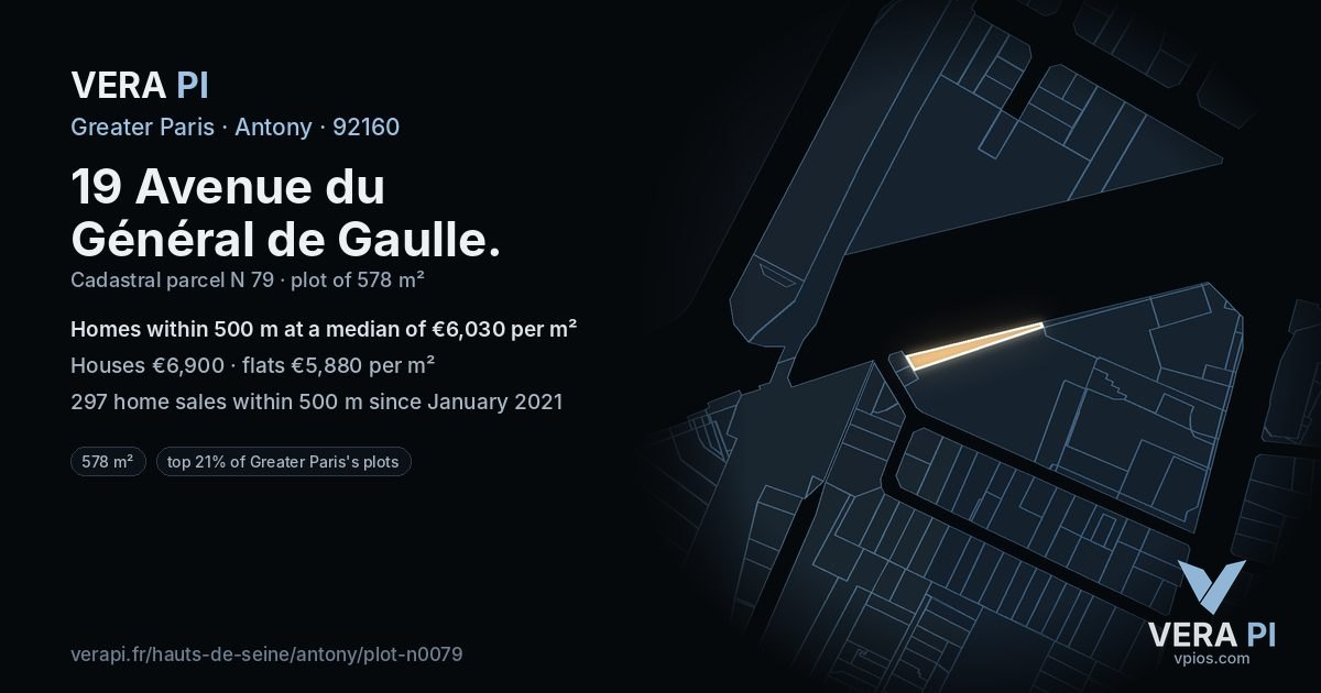 19 Avenue du Général de Gaulle, Antony at night – the plot lit, the parcels around coloured by the prices near them