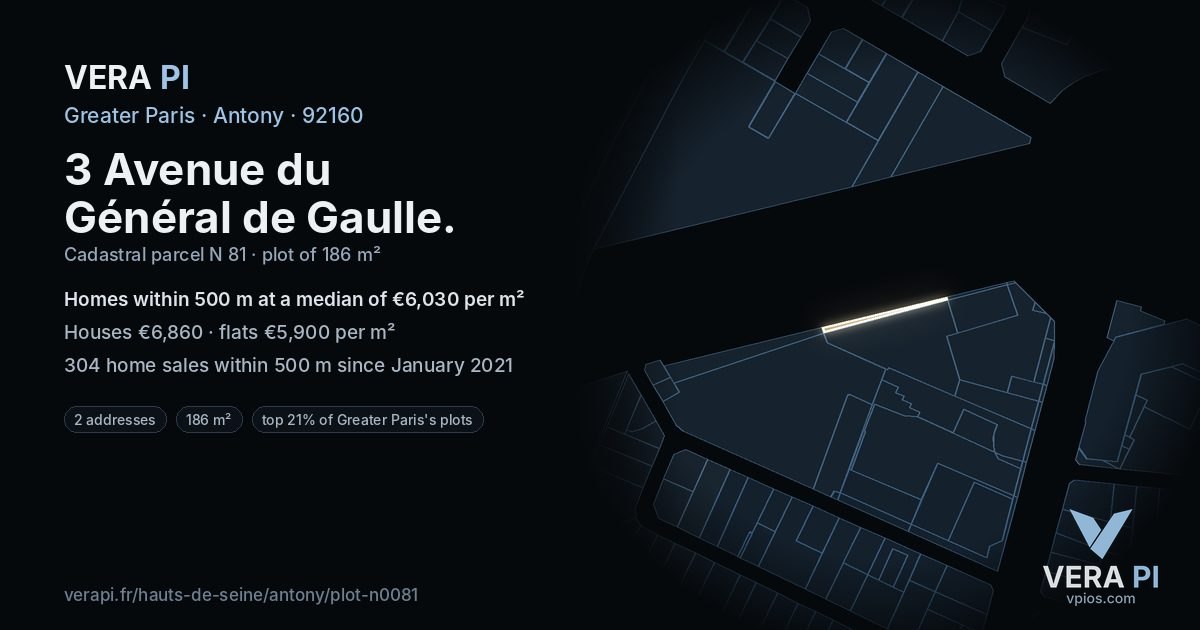 3 Avenue du Général de Gaulle, Antony at night – the plot lit, the parcels around coloured by the prices near them