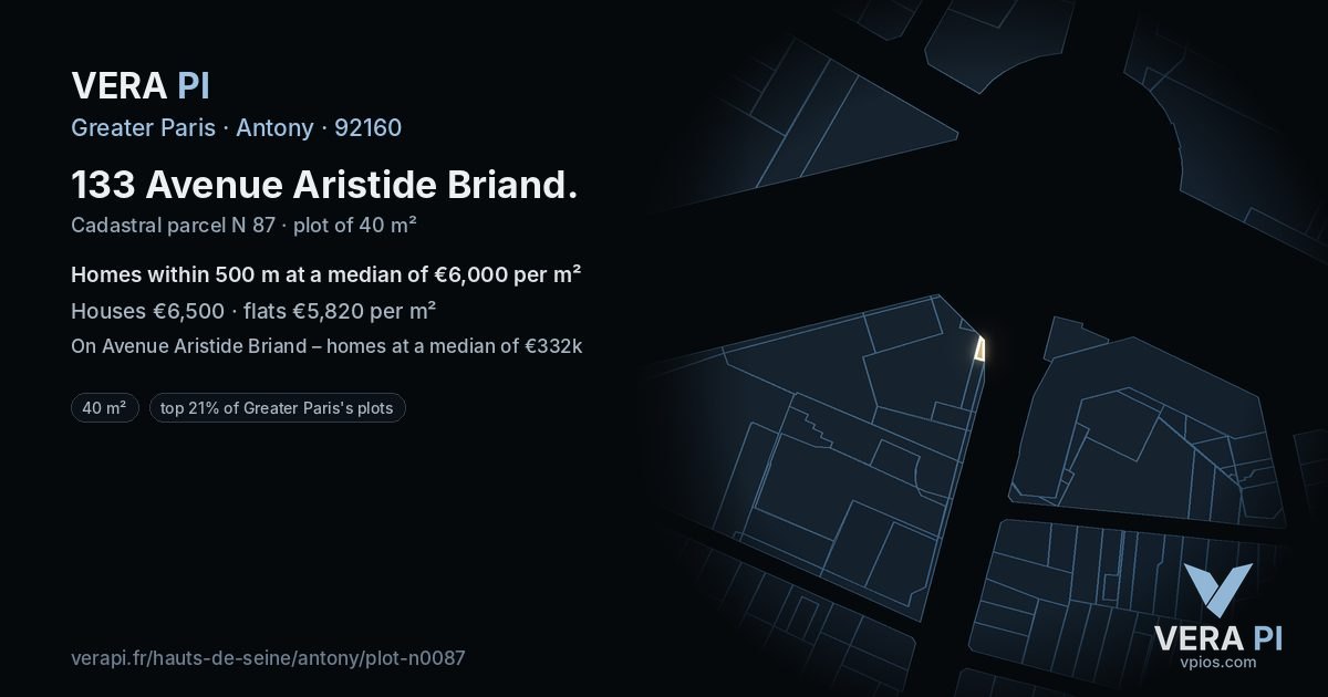 133 Avenue Aristide Briand, Antony at night – the plot lit, the parcels around coloured by the prices near them