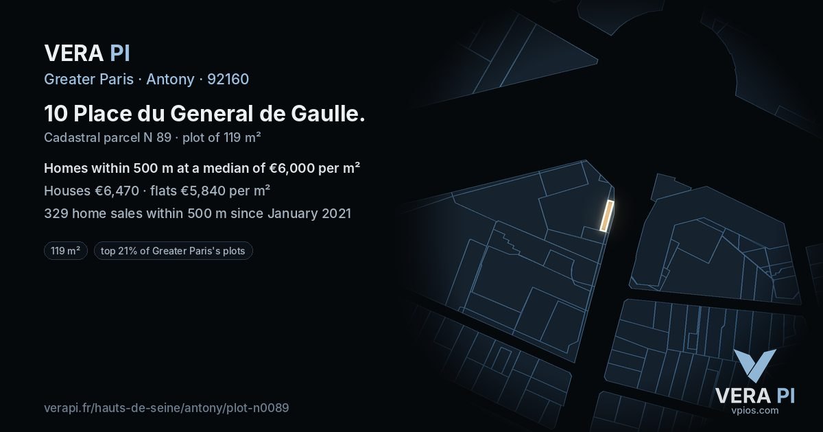 10 Place du General de Gaulle, Antony at night – the plot lit, the parcels around coloured by the prices near them
