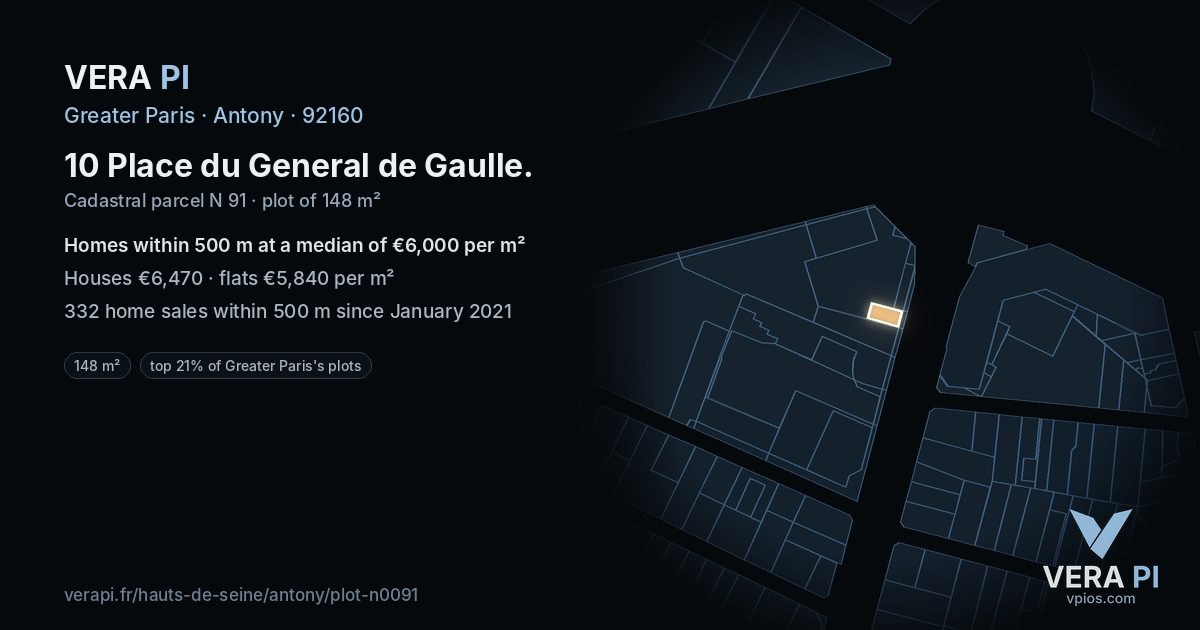 10 Place du General de Gaulle, Antony at night – the plot lit, the parcels around coloured by the prices near them