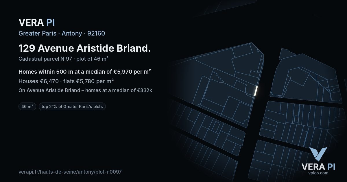 129 Avenue Aristide Briand, Antony at night – the plot lit, the parcels around coloured by the prices near them