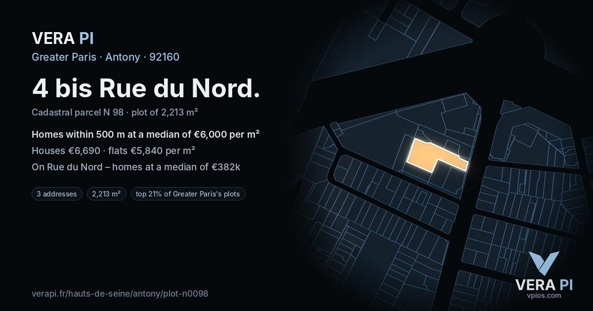 4 bis Rue du Nord, Antony at night – the plot lit, the parcels around coloured by the prices near them