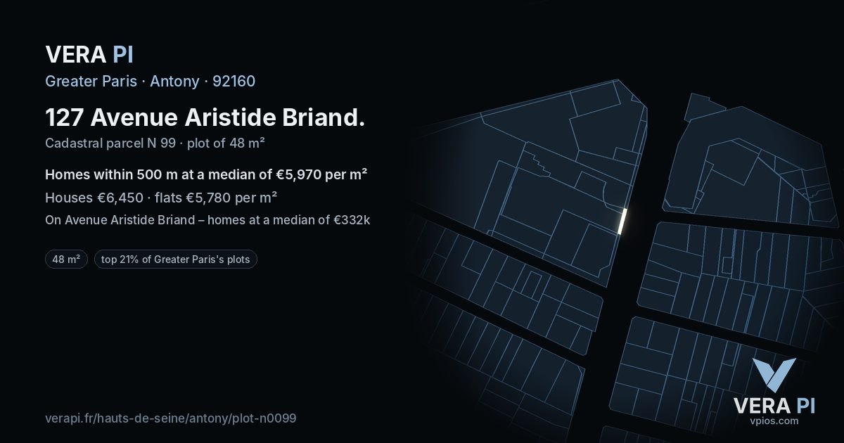 127 Avenue Aristide Briand, Antony at night – the plot lit, the parcels around coloured by the prices near them