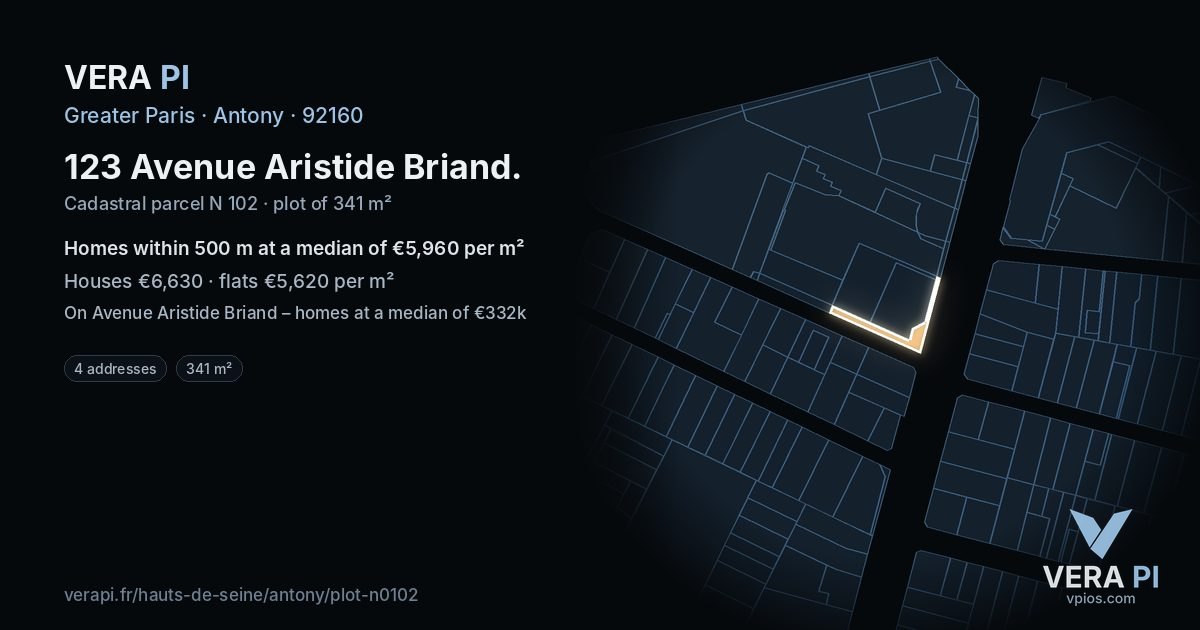 123 Avenue Aristide Briand, Antony at night – the plot lit, the parcels around coloured by the prices near them