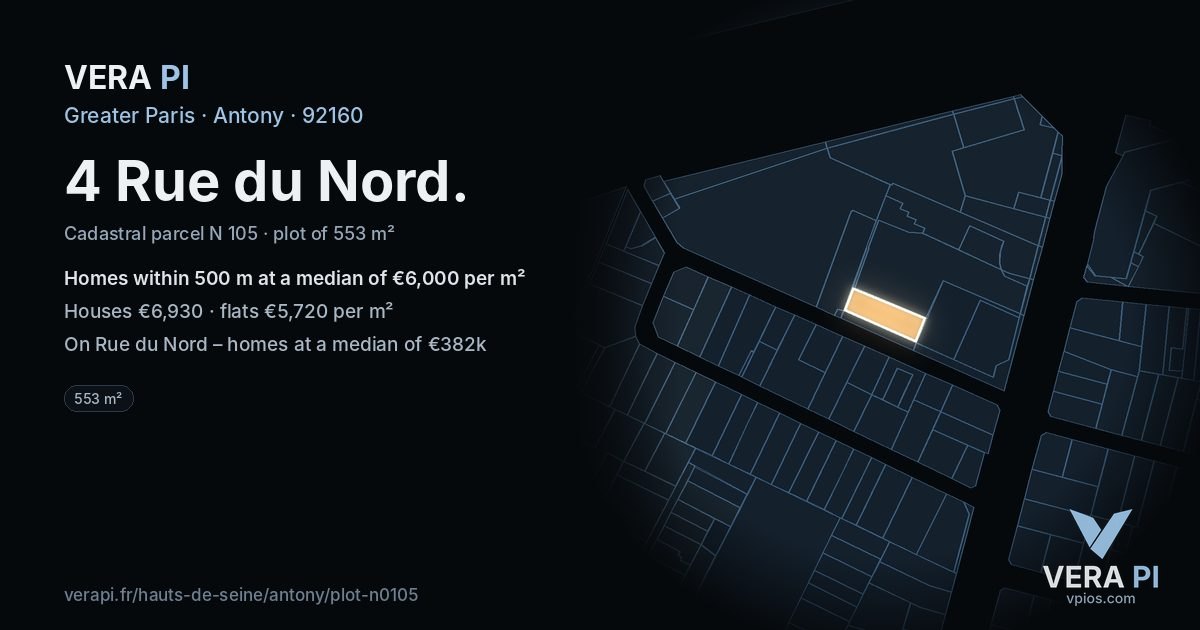 4 Rue du Nord, Antony at night – the plot lit, the parcels around coloured by the prices near them