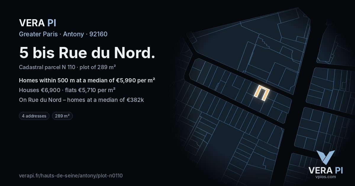 5 bis Rue du Nord, Antony at night – the plot lit, the parcels around coloured by the prices near them