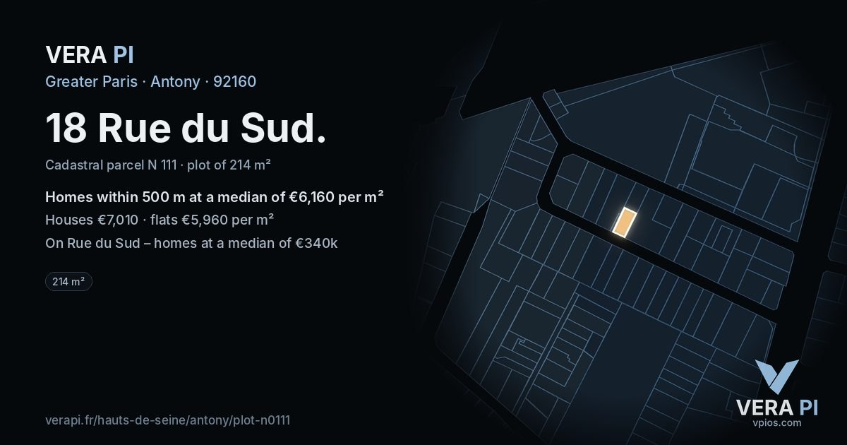 18 Rue du Sud, Antony at night – the plot lit, the parcels around coloured by the prices near them