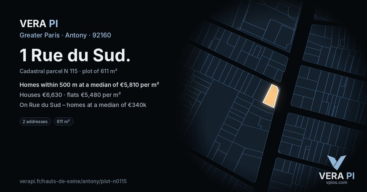 1 Rue du Sud, Antony at night – the plot lit, the parcels around coloured by the prices near them
