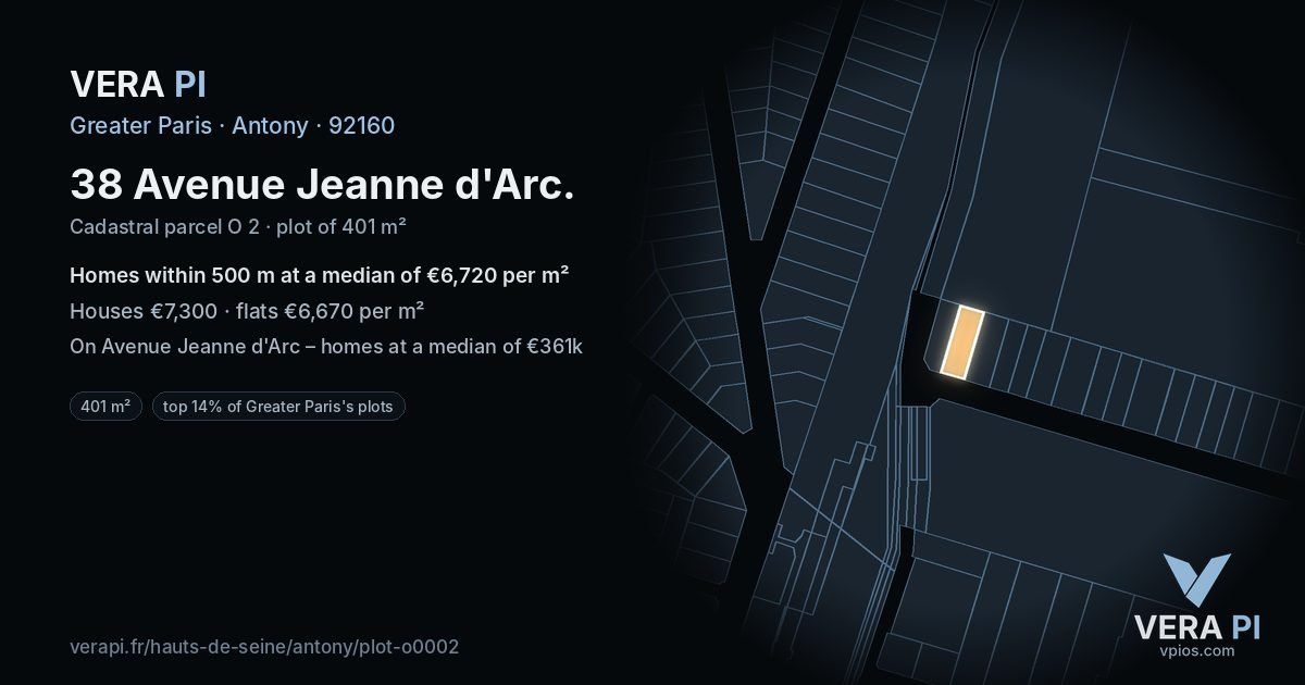 38 Avenue Jeanne d'Arc, Antony at night – the plot lit, the parcels around coloured by the prices near them