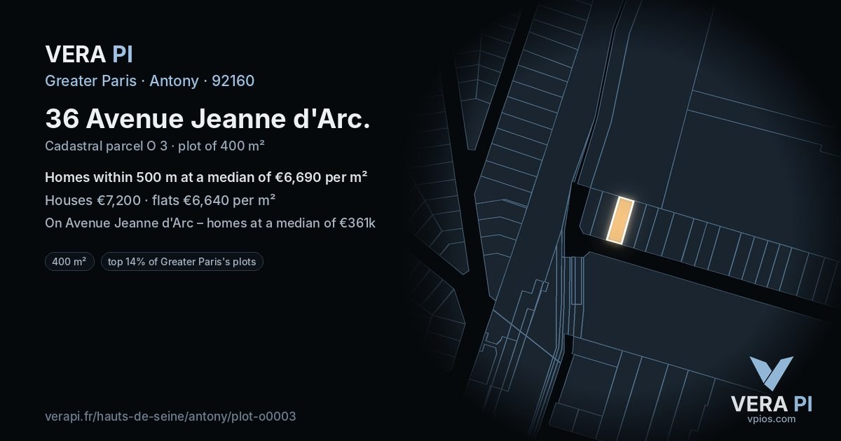 36 Avenue Jeanne d'Arc, Antony at night – the plot lit, the parcels around coloured by the prices near them