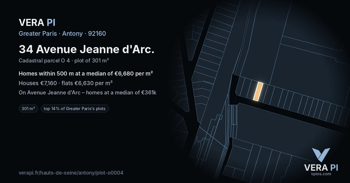 34 Avenue Jeanne d'Arc, Antony at night – the plot lit, the parcels around coloured by the prices near them