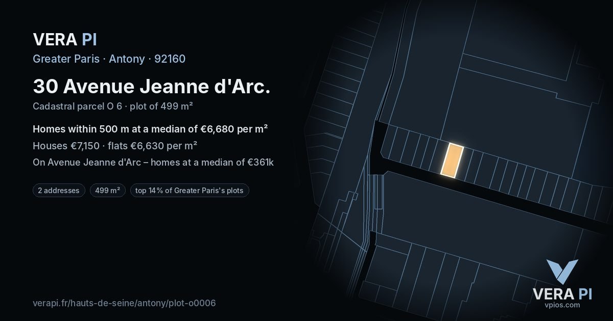30 Avenue Jeanne d'Arc, Antony at night – the plot lit, the parcels around coloured by the prices near them