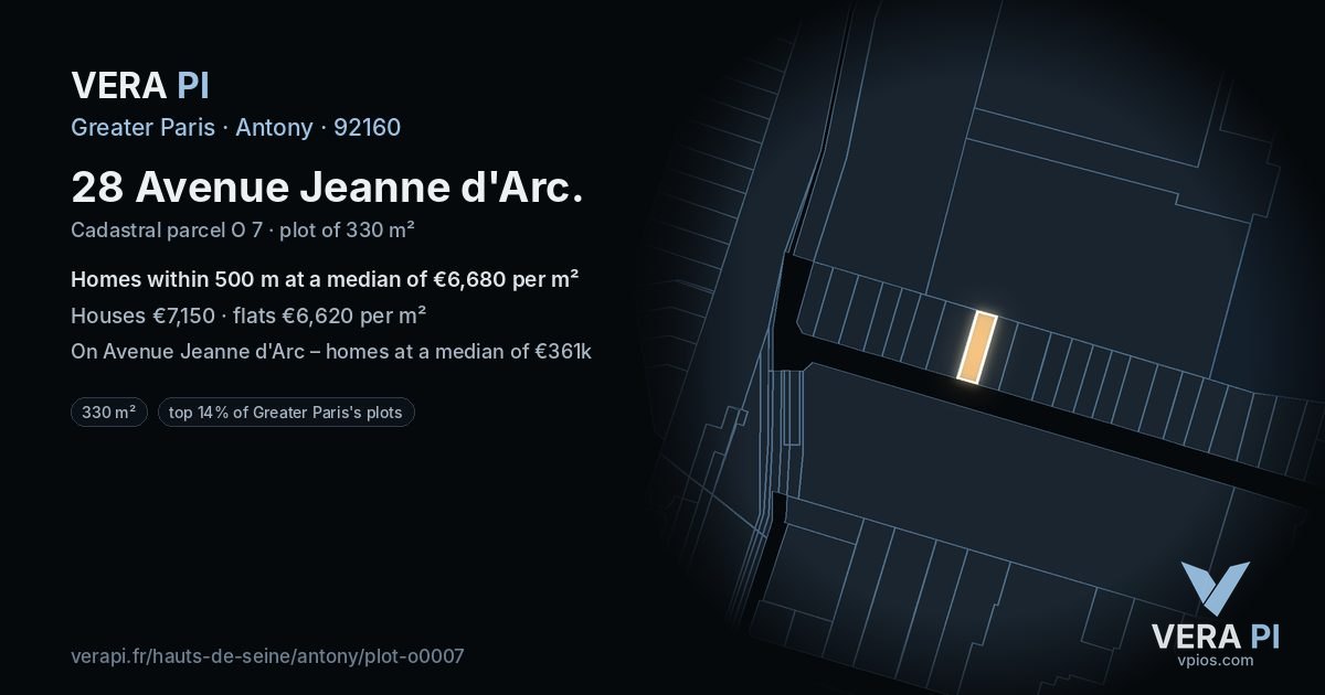 28 Avenue Jeanne d'Arc, Antony at night – the plot lit, the parcels around coloured by the prices near them