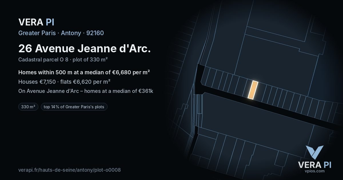 26 Avenue Jeanne d'Arc, Antony at night – the plot lit, the parcels around coloured by the prices near them