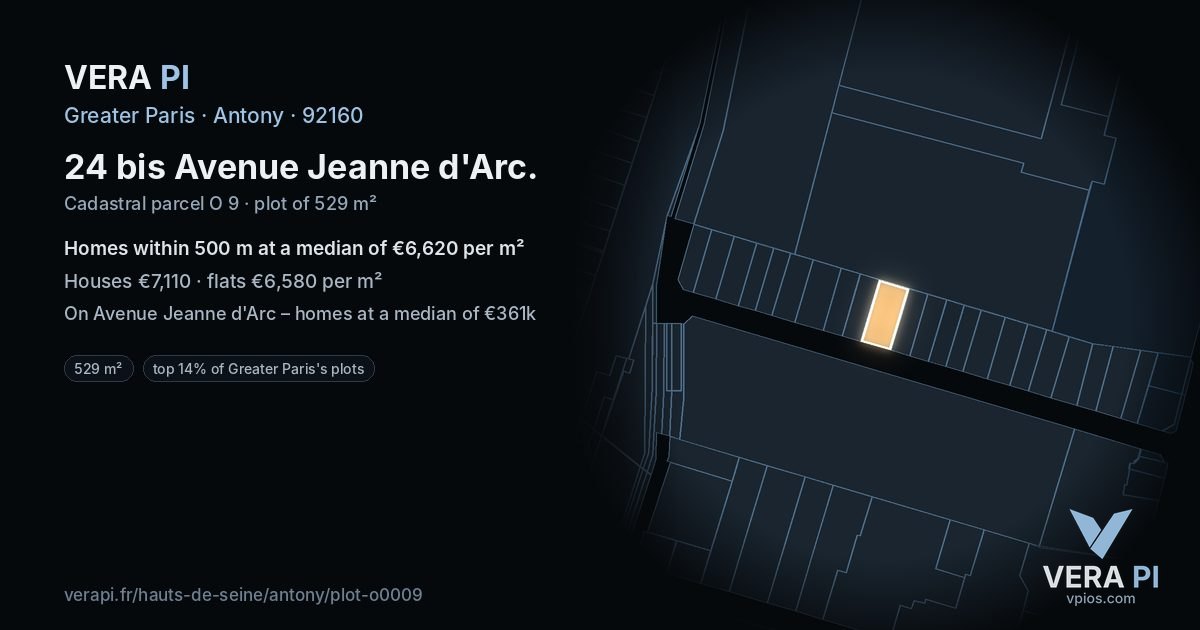 24 bis Avenue Jeanne d'Arc, Antony at night – the plot lit, the parcels around coloured by the prices near them