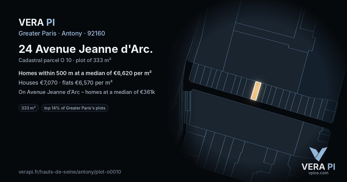 24 Avenue Jeanne d'Arc, Antony at night – the plot lit, the parcels around coloured by the prices near them