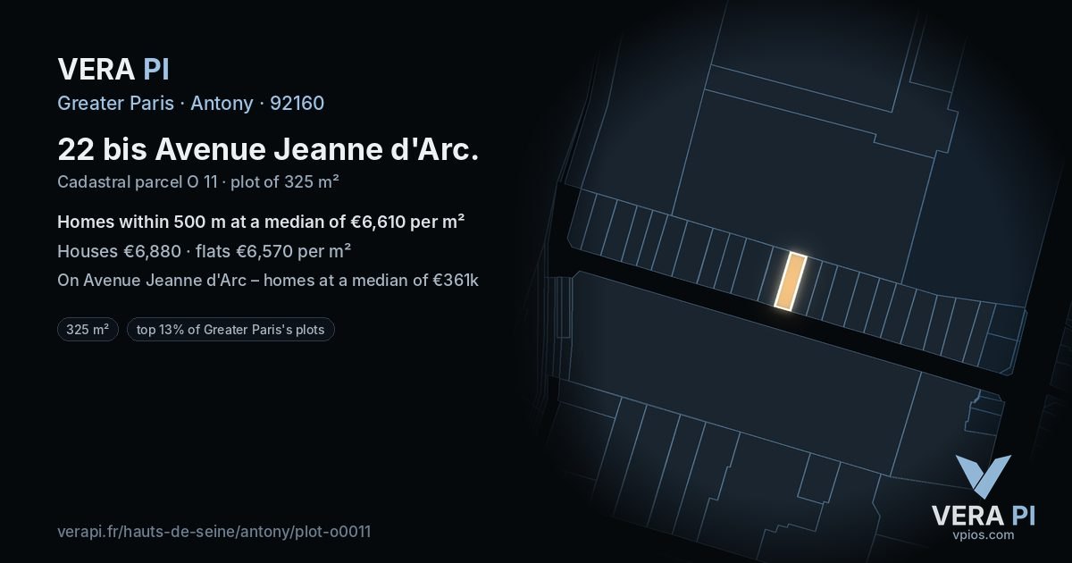 22 bis Avenue Jeanne d'Arc, Antony at night – the plot lit, the parcels around coloured by the prices near them